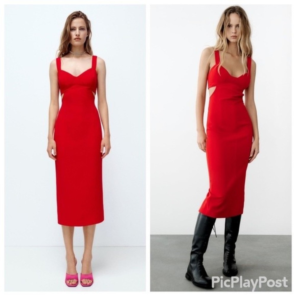 NWT Zara Red Midi Strappy Cut Out Dress
